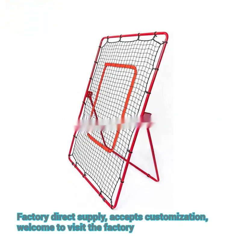 Red metal baseball training net 4x6ft set up for outdoor sports practice