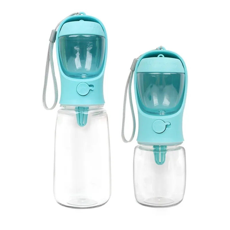 Blue portable plastic dog water bottle with fold-out drinking bowl for walks.