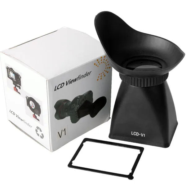 Black camera LCD viewfinder amplifier with magnetic mount attached to a DSLR screen.