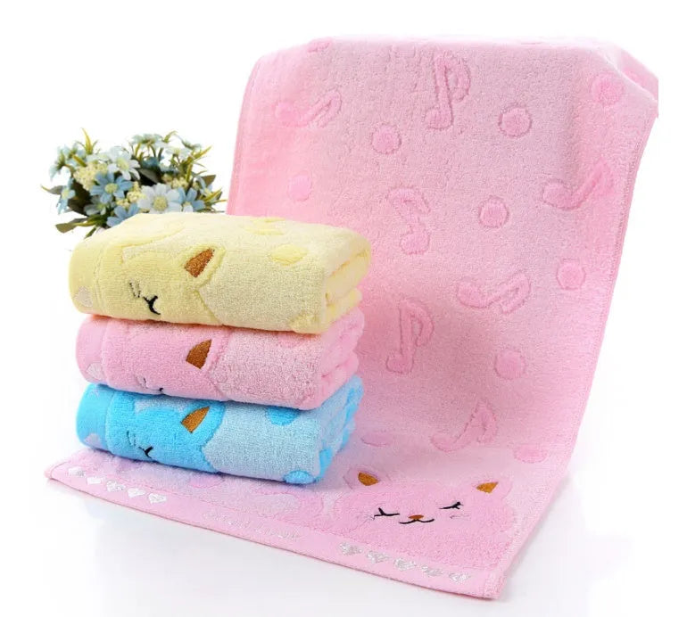 Bamboo fibre and cotton kitten face towel, 25 x 50 cm, shown in blue, green, pink or yellow