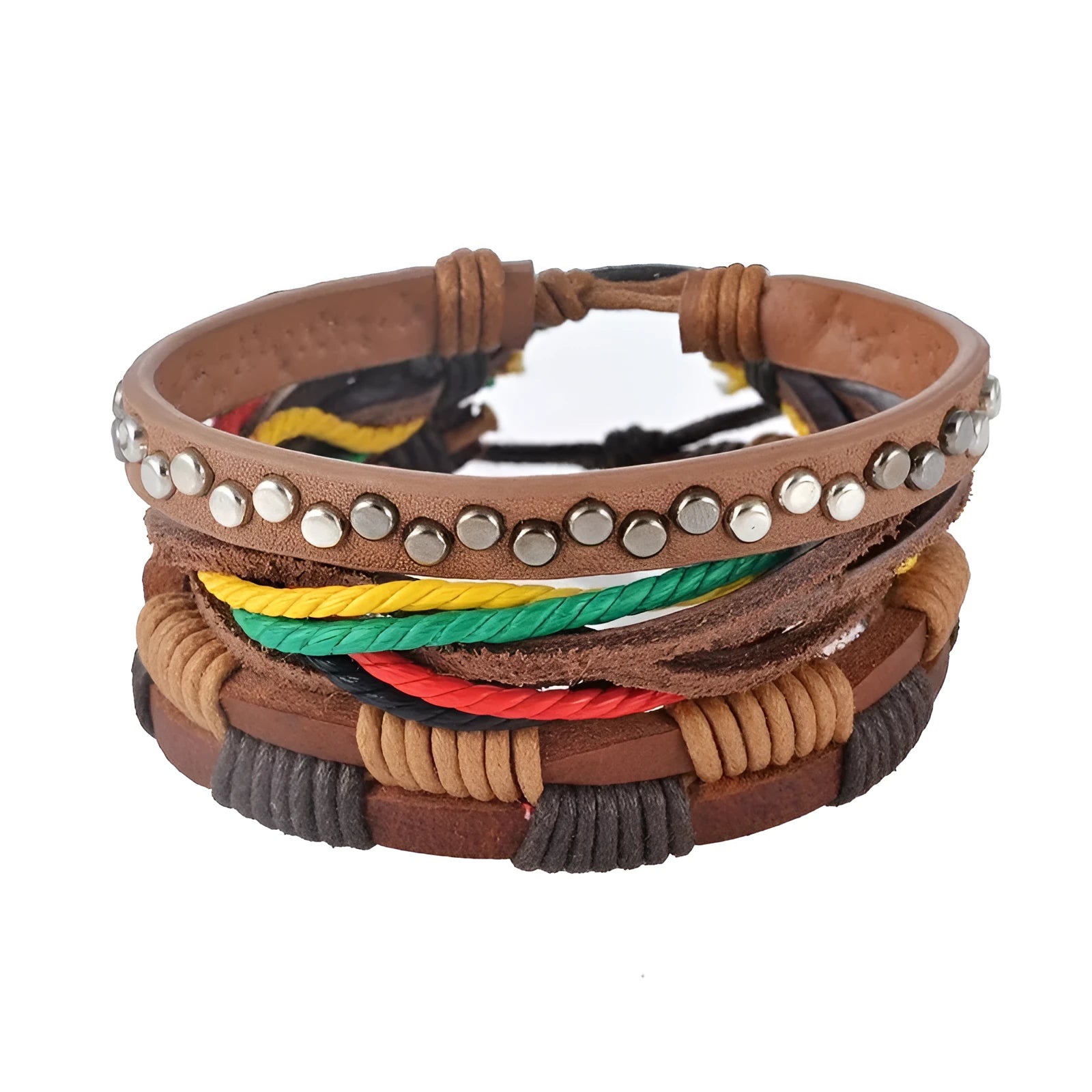Handmade men's adjustable leather wrap bracelet with wooden beads and woven rope design