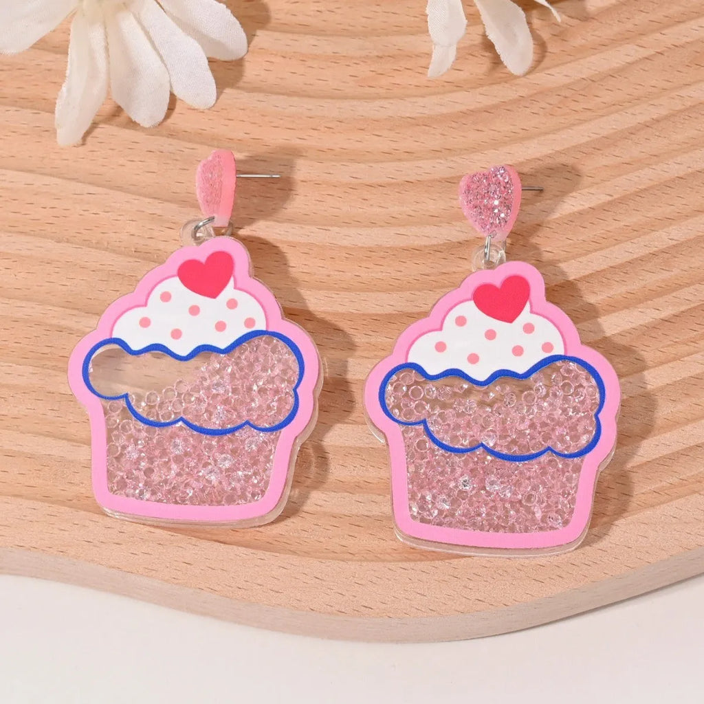 Acrylic women's earrings with fruit, cake, and ice cream designs in pastoral style.