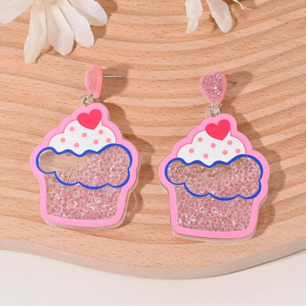 Acrylic women's earrings with fruit, cake, and ice cream designs in pastoral style.