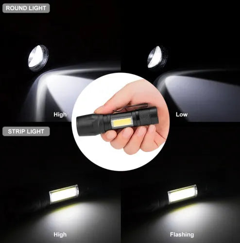 Small black aluminium telescopic LED torch with pocket clip shown extended and retracted.