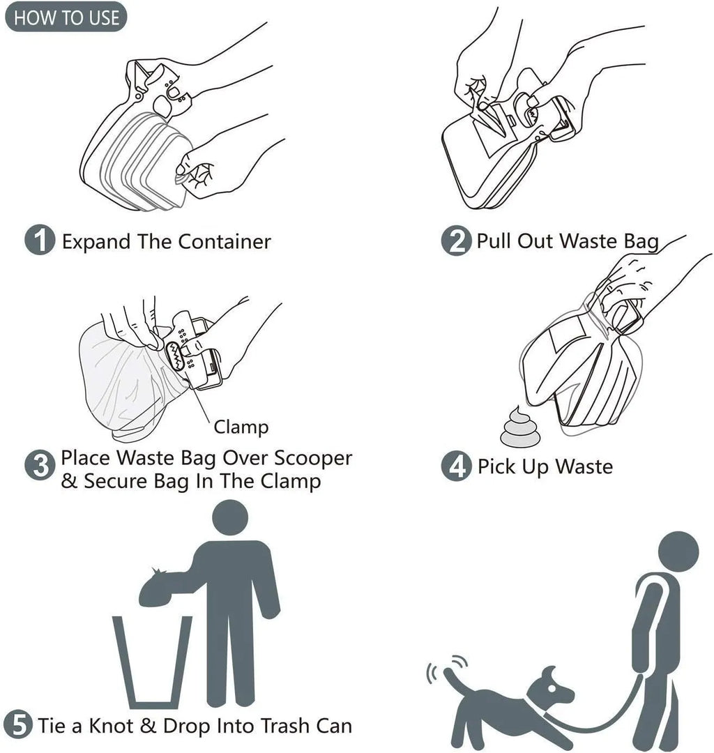 Portable handheld pooper scooper with integrated waste bag dispenser and carabiner clip attachment