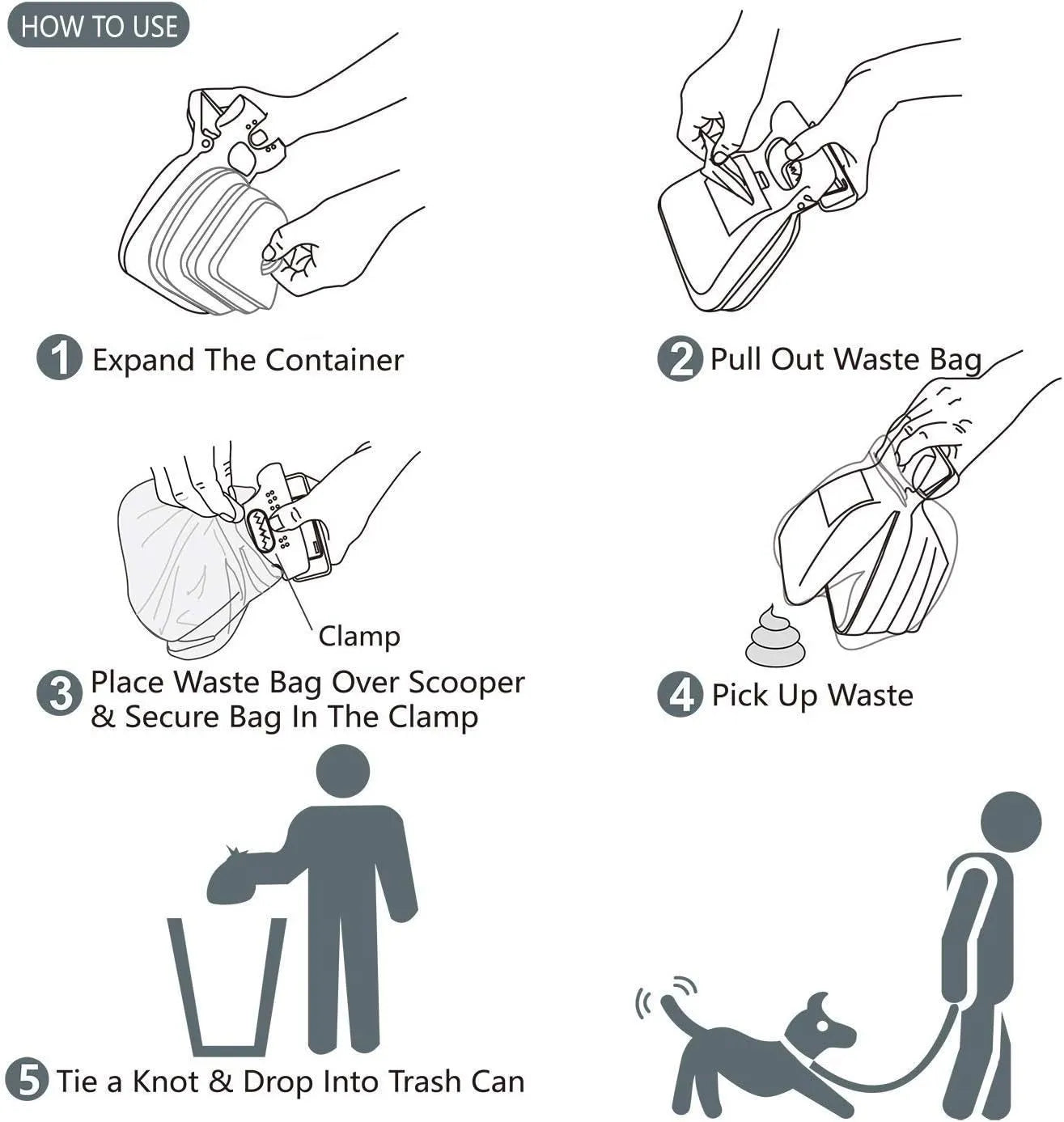 Portable handheld pooper scooper with integrated waste bag dispenser and carabiner clip attachment