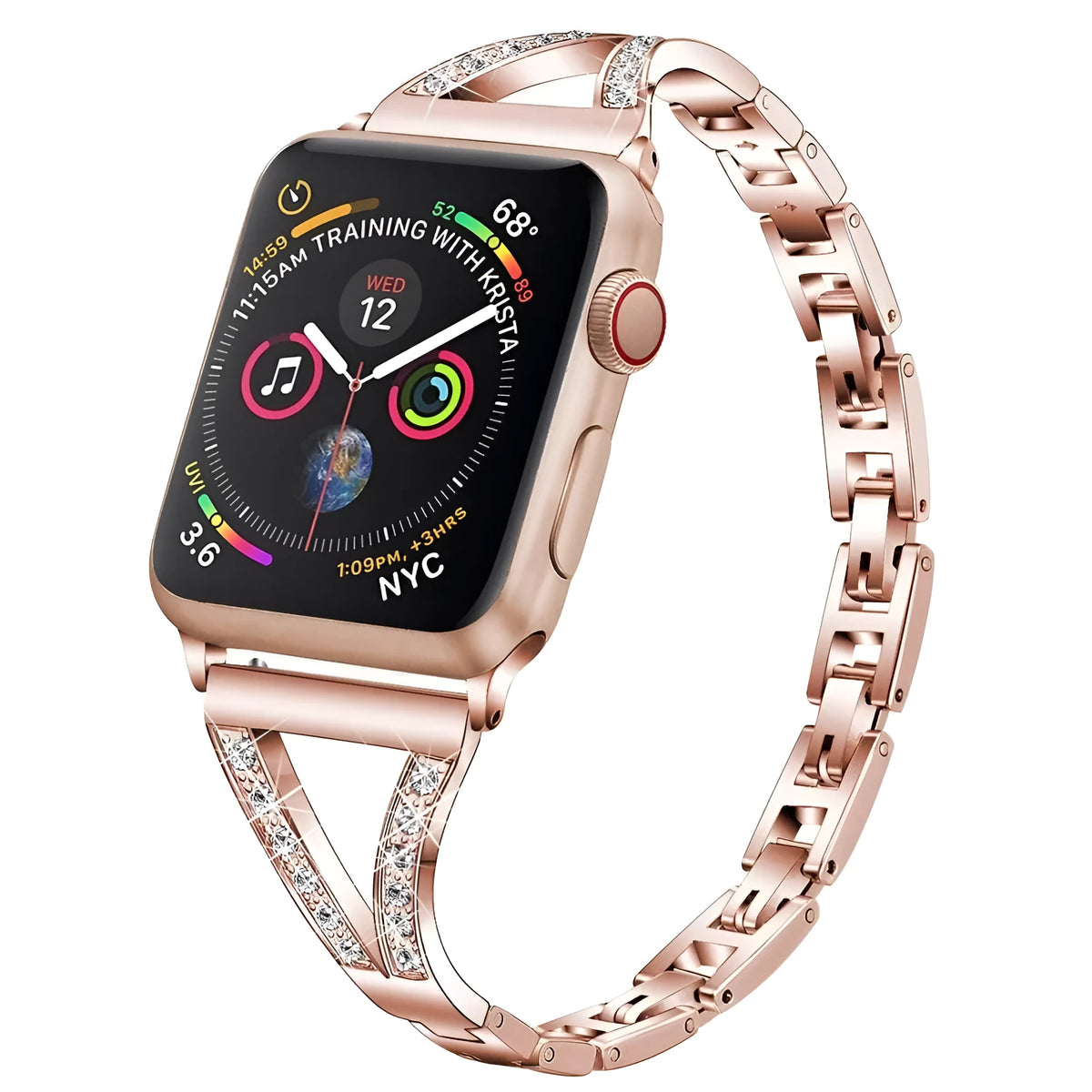 Stainless steel smartwatch strap with diamond studs in black, gold, pink, rose and white for 38mm to 44mm cases