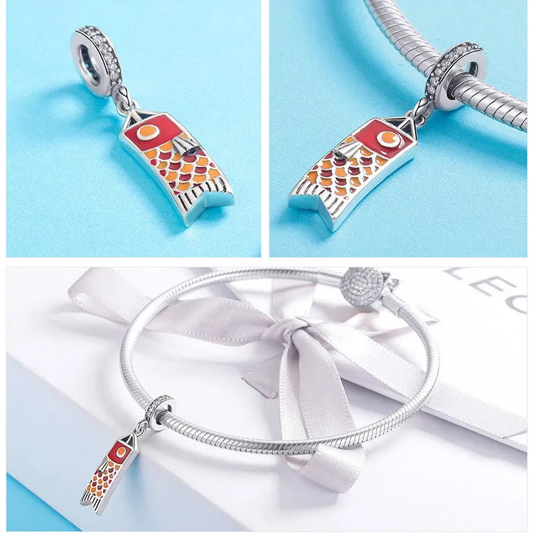 S925 sterling silver carp streamer pendant necklace with zircon detailing