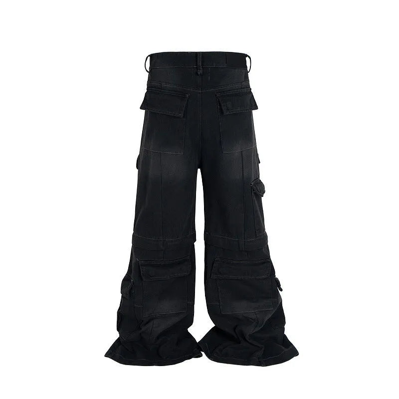 Teenager wearing black detachable washed-out cotton overalls with multiple pockets.