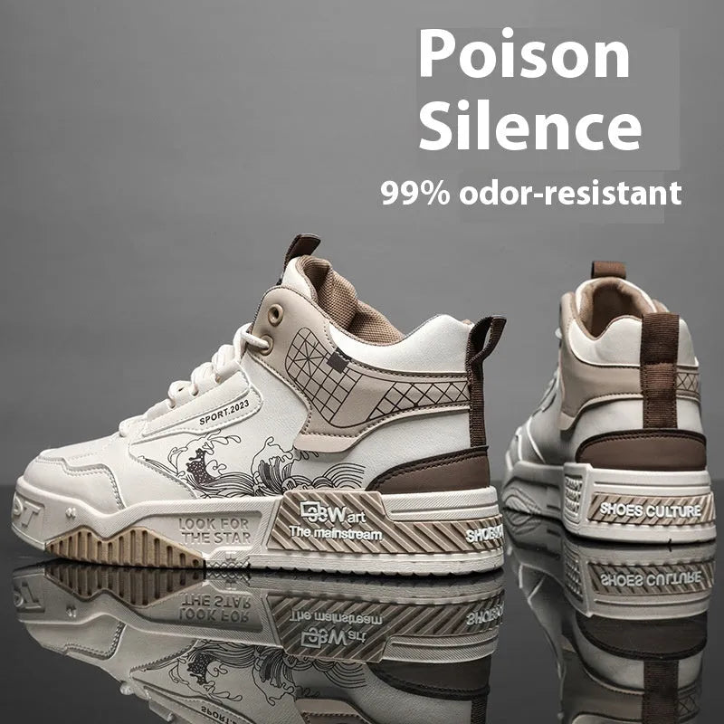 Men's high-top board shoes in beige with lace-up front and rubber sole