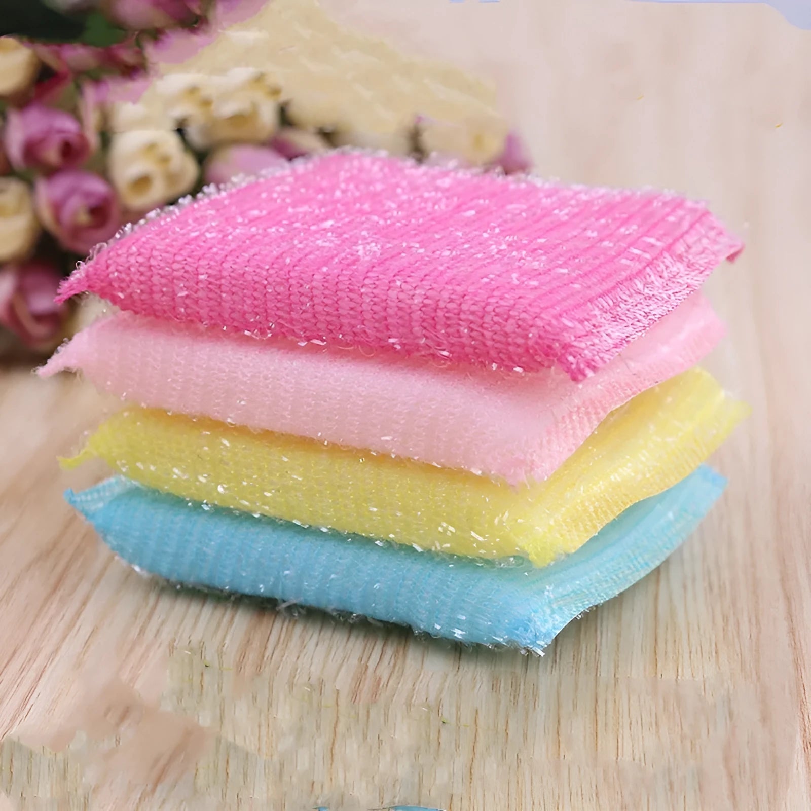 Pinstripe fabric dish sponge mop in macaron colours with plastic handle showing dimensions
