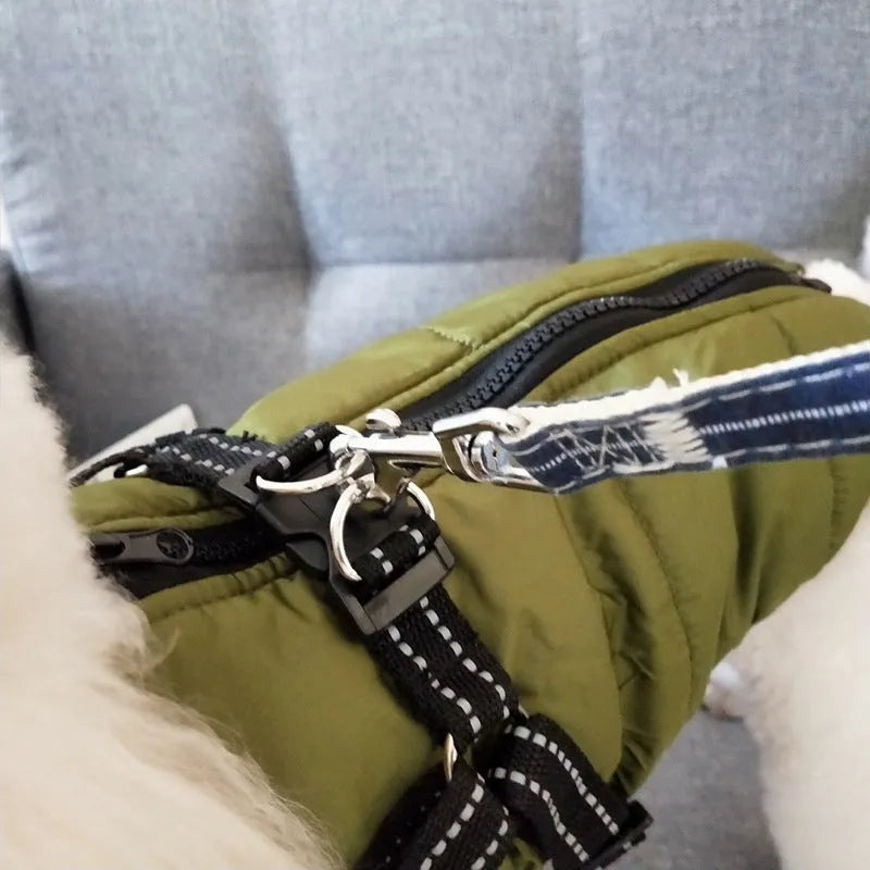 Waterproof dog coat with built-in harness in red, navy blue or army green colours