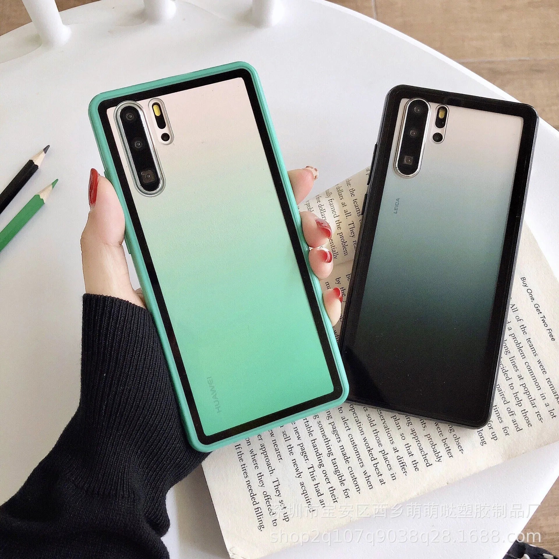 Rainbow gradient Huawei smartphone case in black green orange pink colours showing back cover design