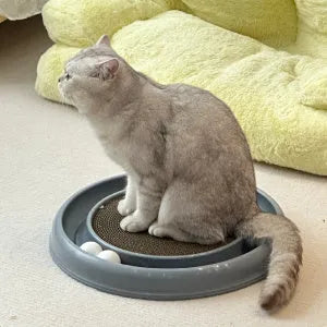 Round cat scratching board with ball track, 16 inch base, 11 inch reversible pad, Blue Gray Green or Purple.