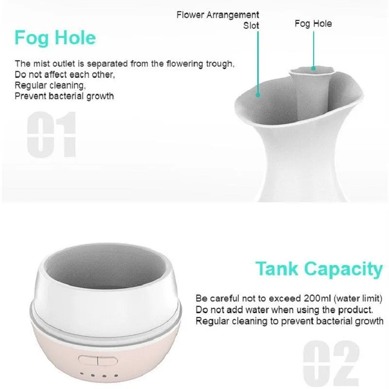 White ultrasonic humidifier and essential oil diffuser with colourful night light and 200ml water capacity