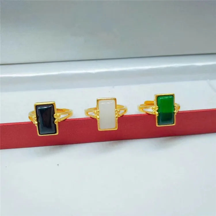 Adjustable brass gold-plated ring with gemstone inlay and national style design