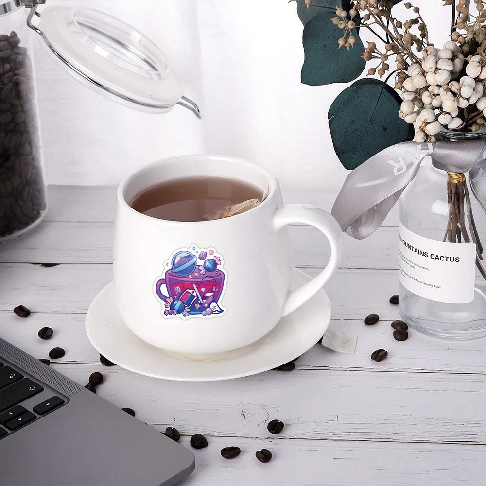 50 piece pack of colourful tea cup graffiti waterproof stickers for sports scooters and luggage in Nordic style