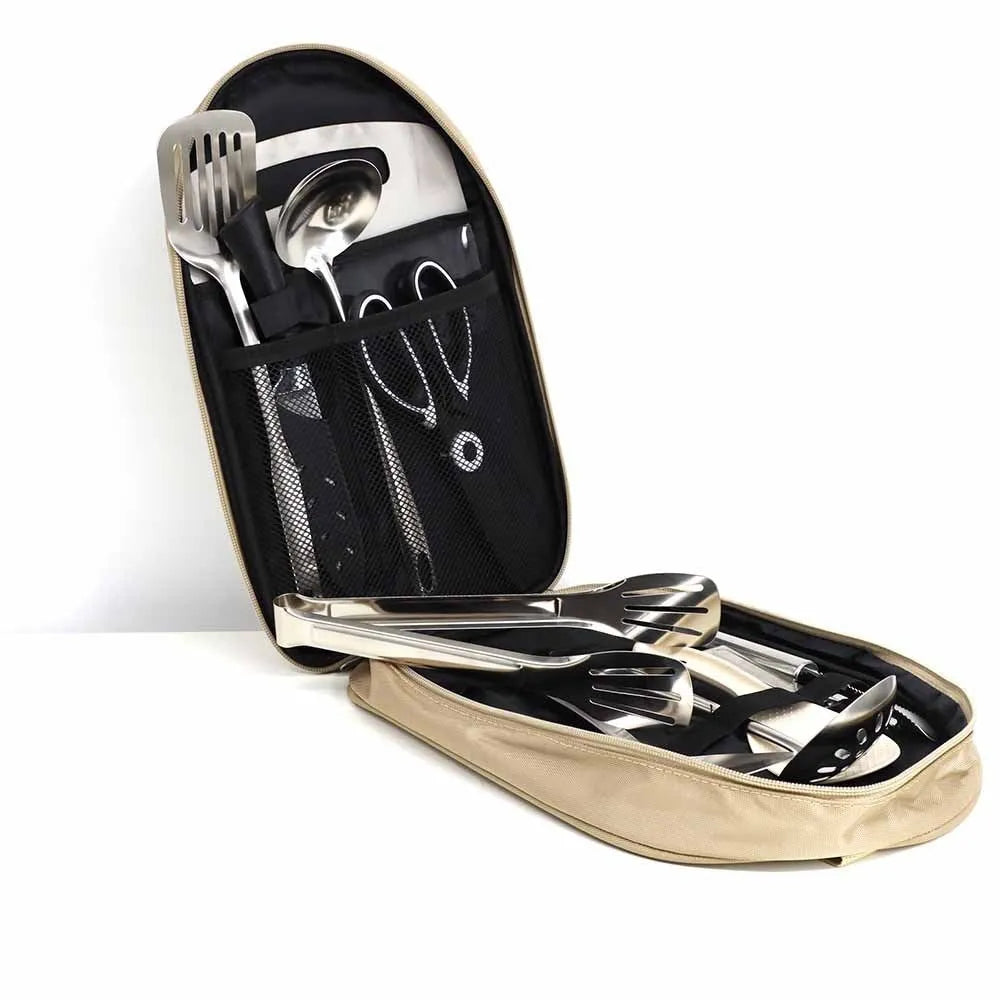 Portable picnic kitchenware storage bag containing 12 stainless steel utensils in khaki colour