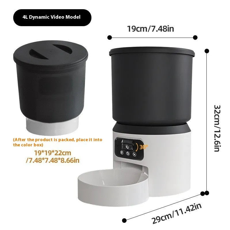 White 4-litre smart pet feeder with LED display, Wi-Fi antenna, and a stainless steel bowl on the floor.