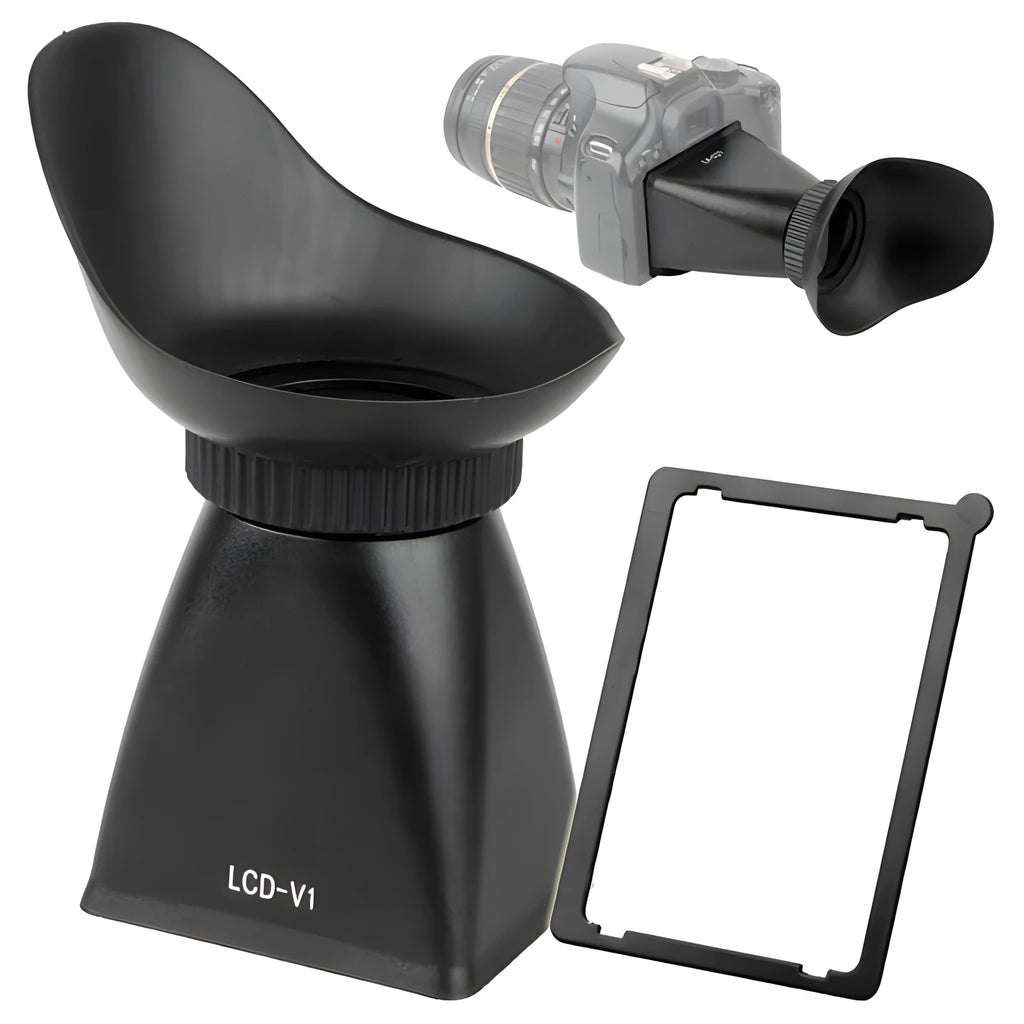 Black camera LCD viewfinder amplifier with magnetic mount attached to a DSLR screen.
