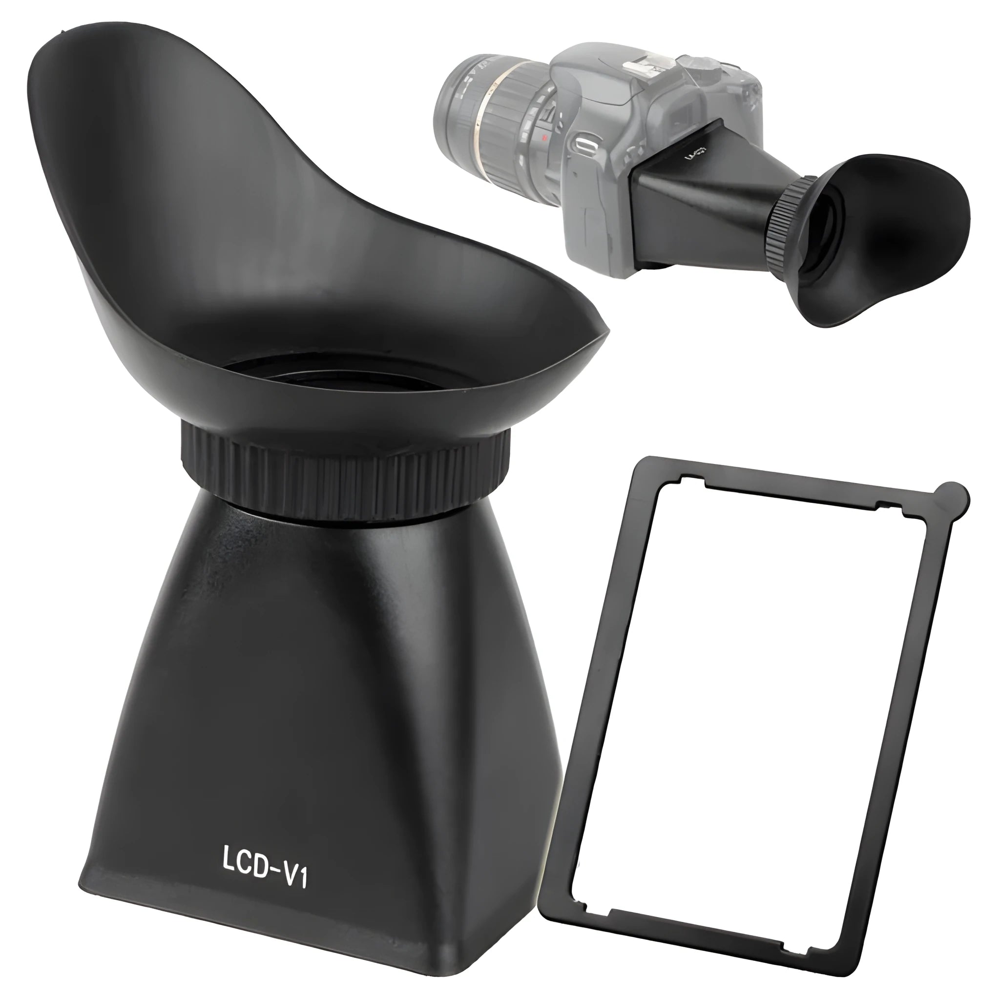 Black camera LCD viewfinder amplifier with magnetic mount attached to a DSLR screen.