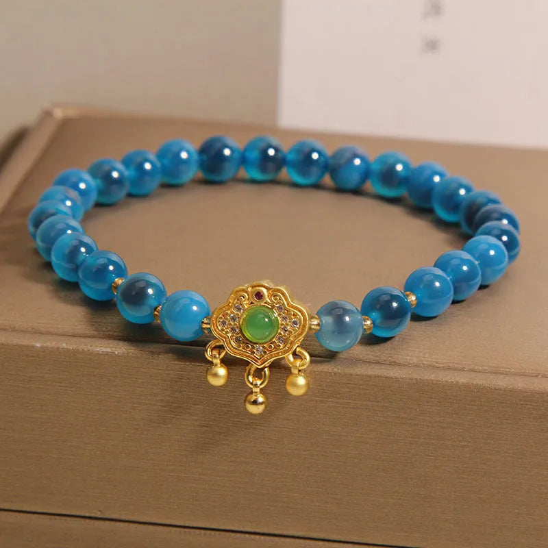 Blue sugar heart agate safety lock pendant women's bracelet with crystal and rhinestone decoration