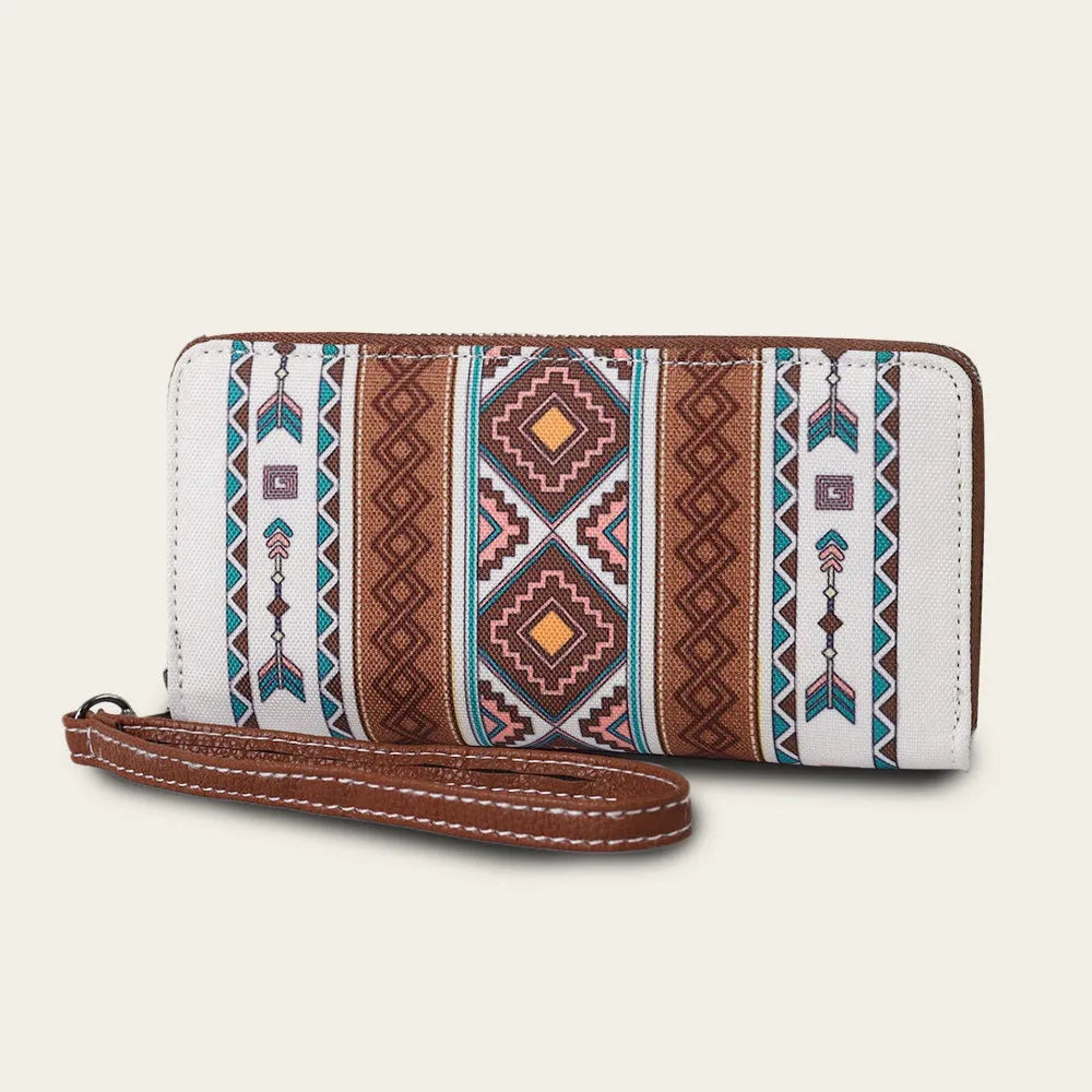 Bohemian striped canvas RFID wallet in multiple colours showing compact size and anti-theft feature.