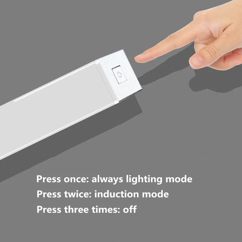 USB rechargeable LED motion sensor strip light with magnetic back, shown illuminating a wardrobe.