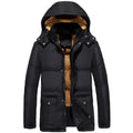 Men's black hooded winter jacket with velvet padding and double-breasted design