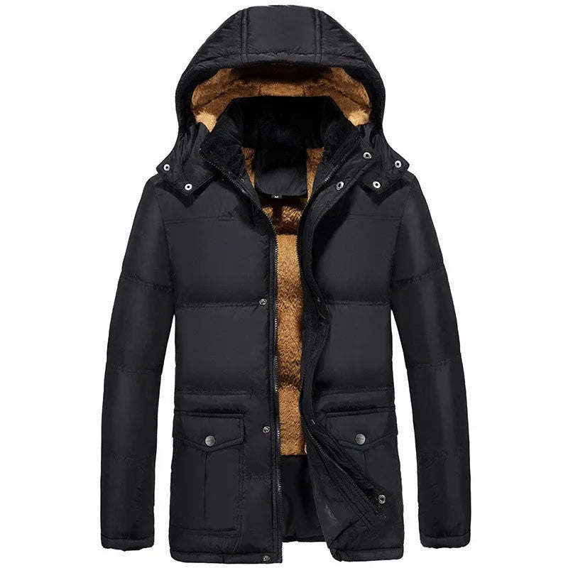 Men's black hooded winter jacket with velvet padding and double-breasted design
