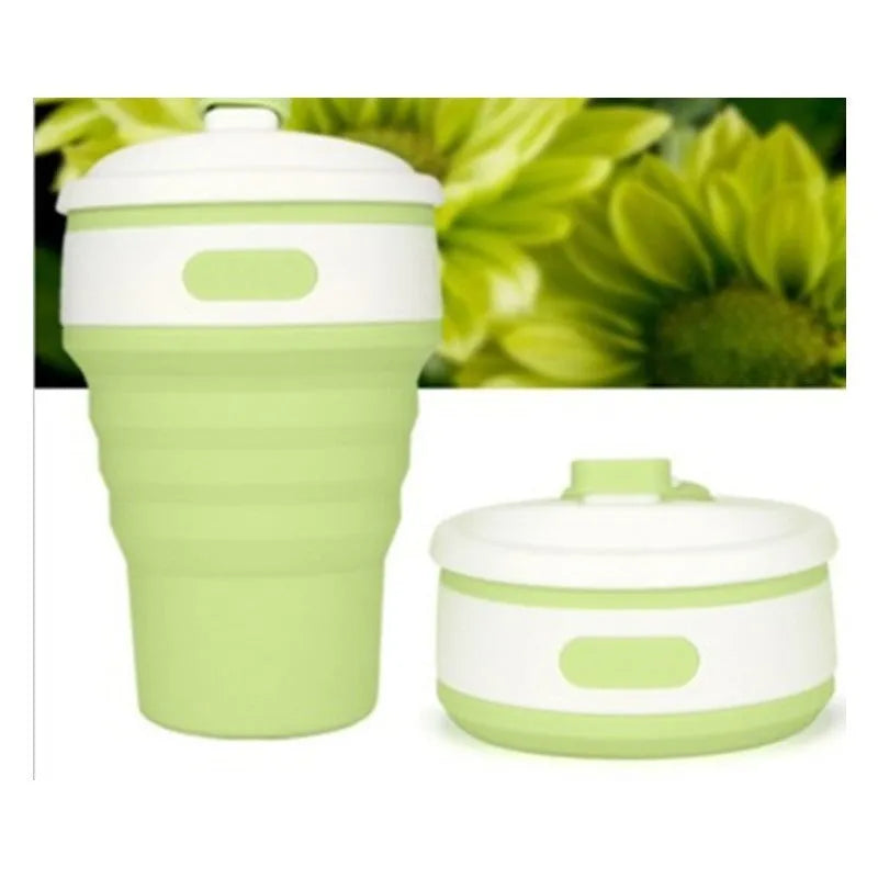 Green collapsible silicone travel mug showing expanded 350ml capacity and folded 6cm height