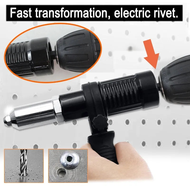 Black metal electric drill attachment rivet gun with handle, wrench, and rivet heads on a workshop bench.