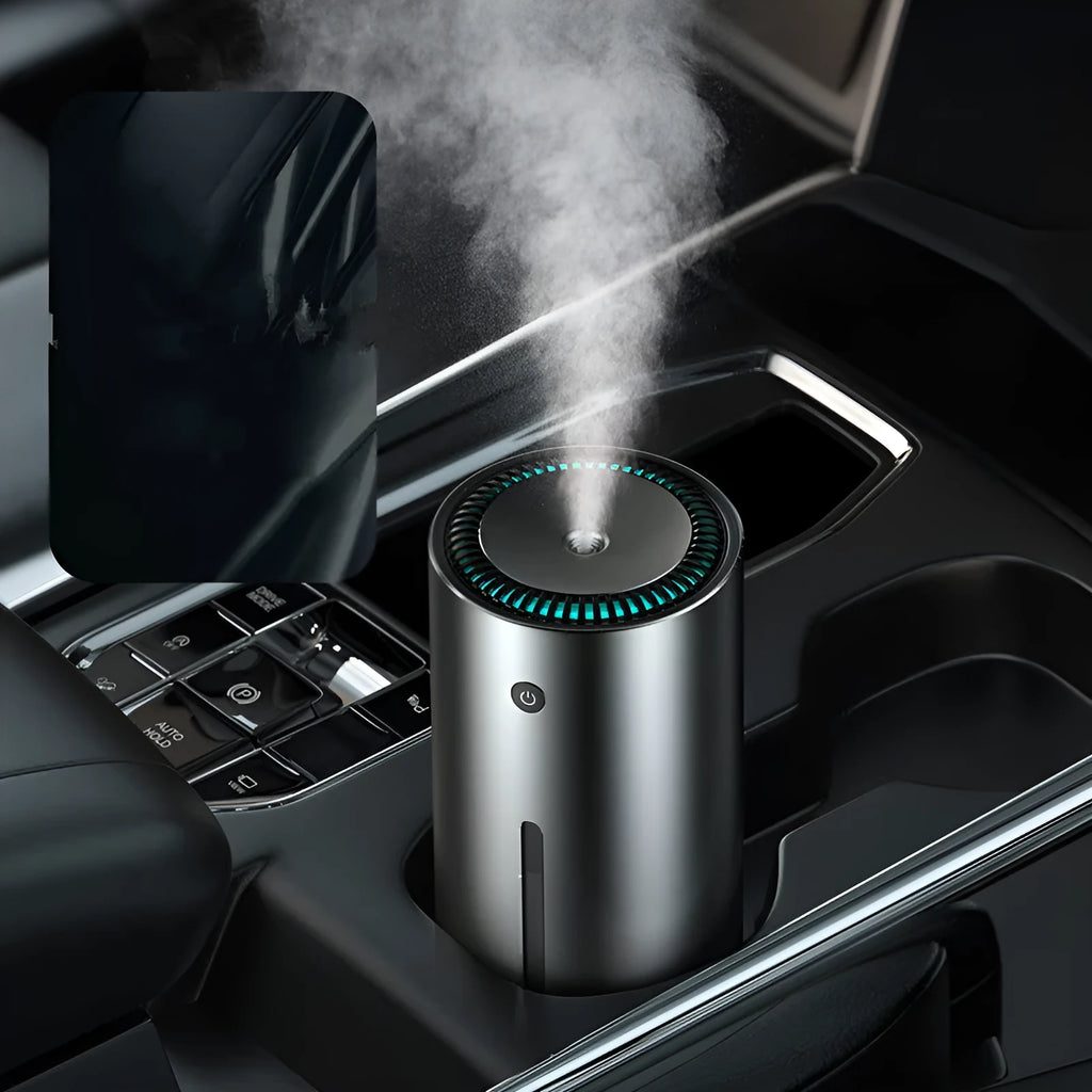 Black aluminium alloy car diffuser humidifier with air purifier on a car dashboard.