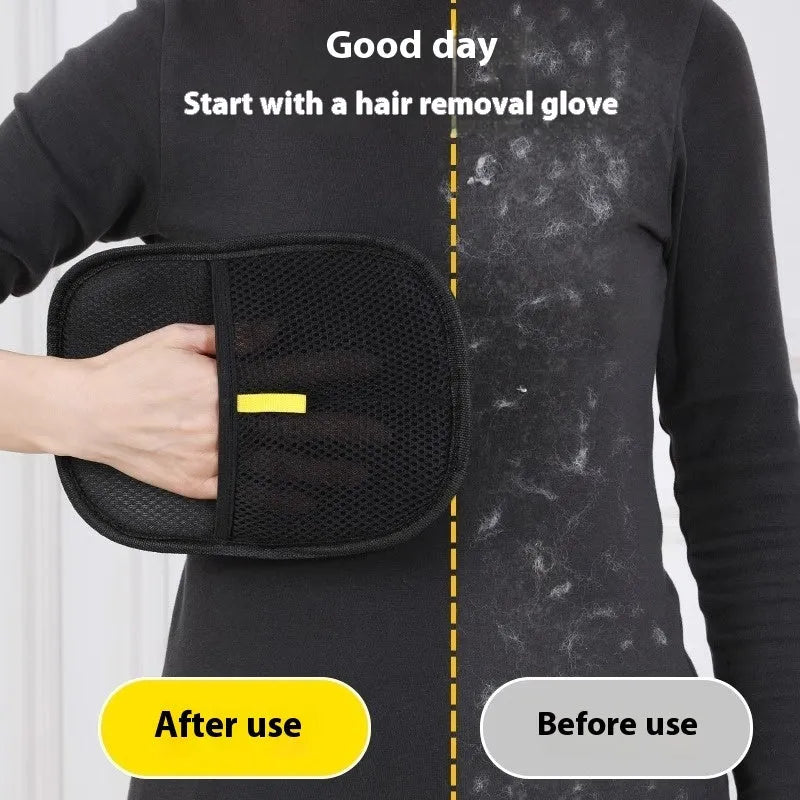 Black pet hair removal glove with silicone bristles on a hand, grooming a dog.