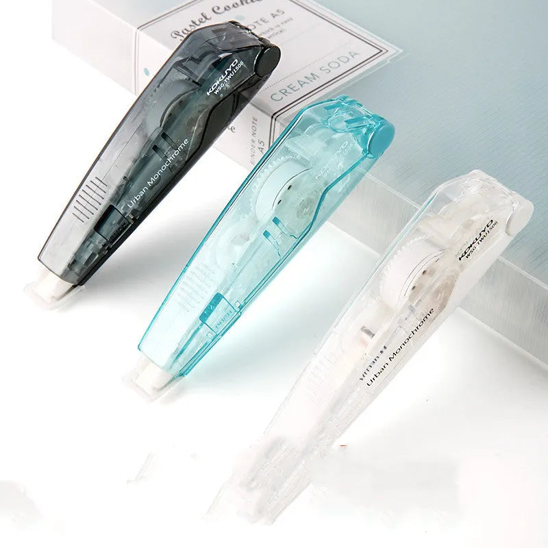 Refillable correction tape with transparent refill in multiple colour options including blue, pink and yellow