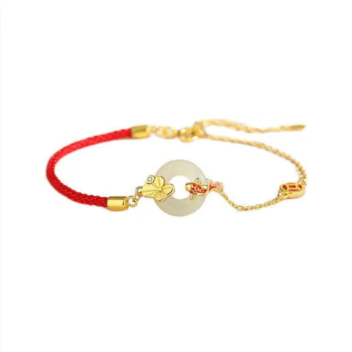 Gold electroplated Koi Peace Buckle Hetian Jade Red Rope Bracelet with safety clasp and animal zodiac design