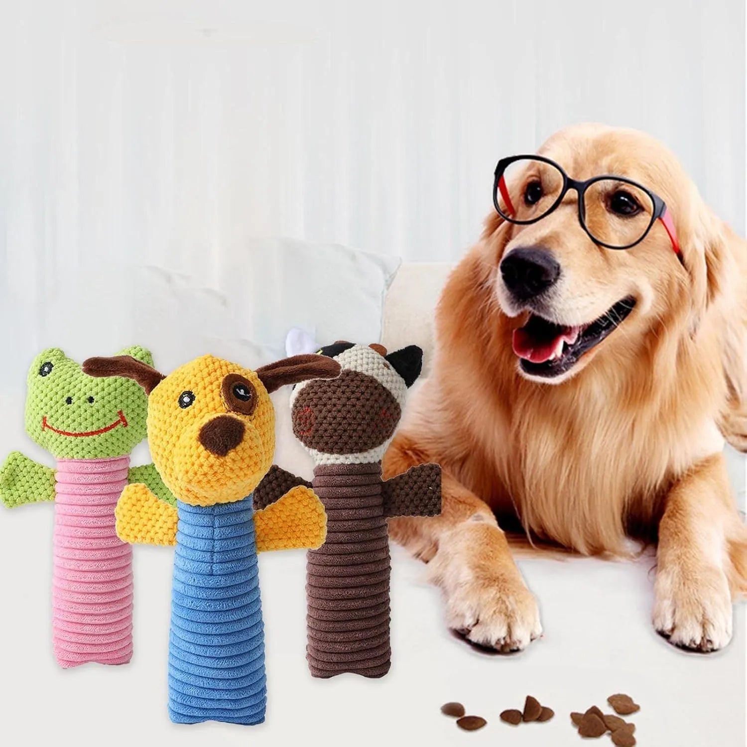 Squeaky plush dog chew toy in calf frog puppy designs for dental cleaning and teeth massage