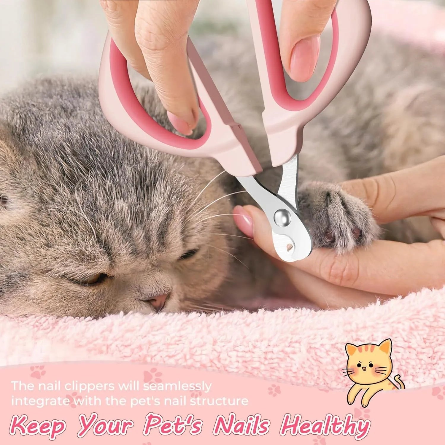 Blue pet nail clippers with safety positioning hole and stainless steel blade for cat grooming