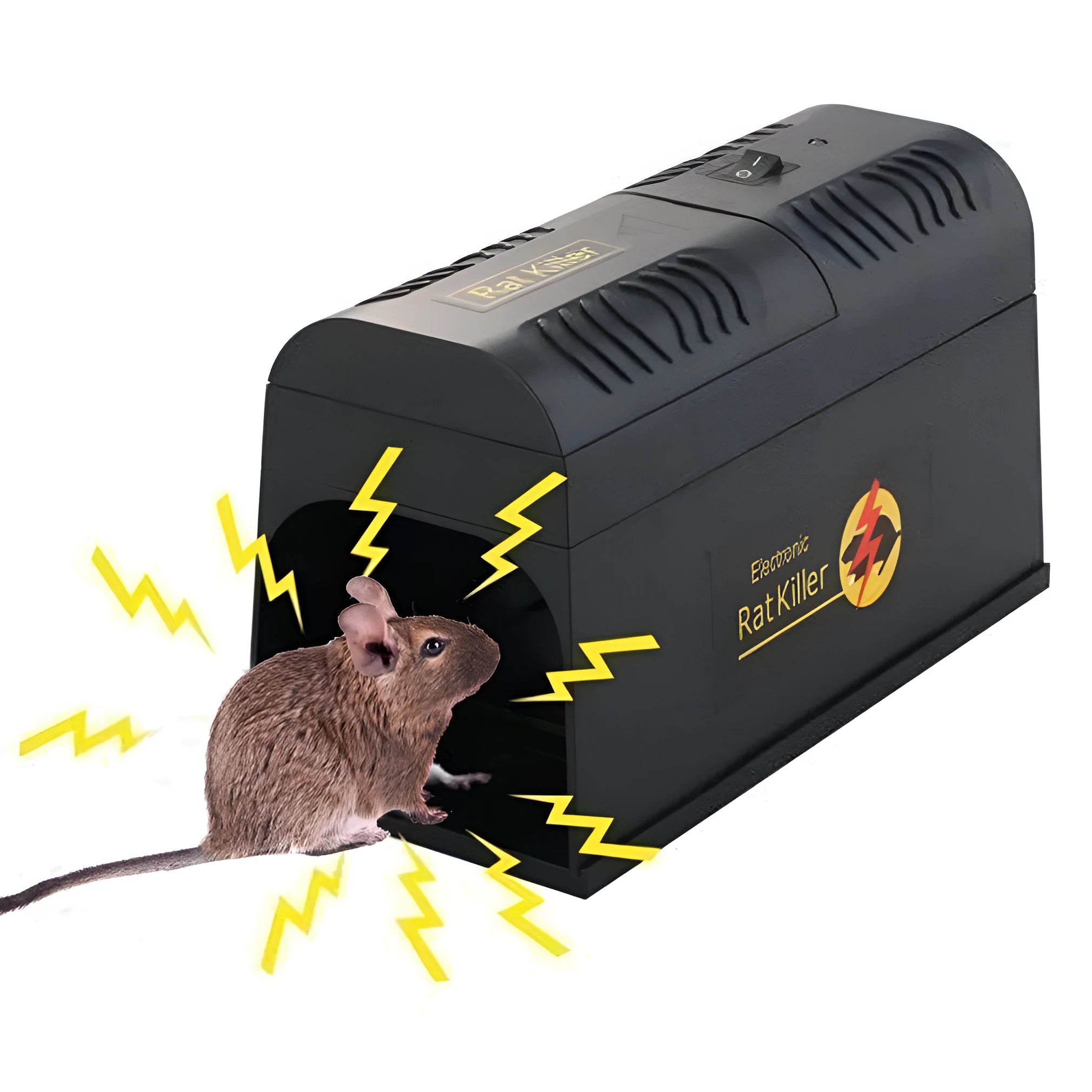 Black high voltage electronic rodent killer unit with plug options for UK, EU, or US/Chinese electrical systems
