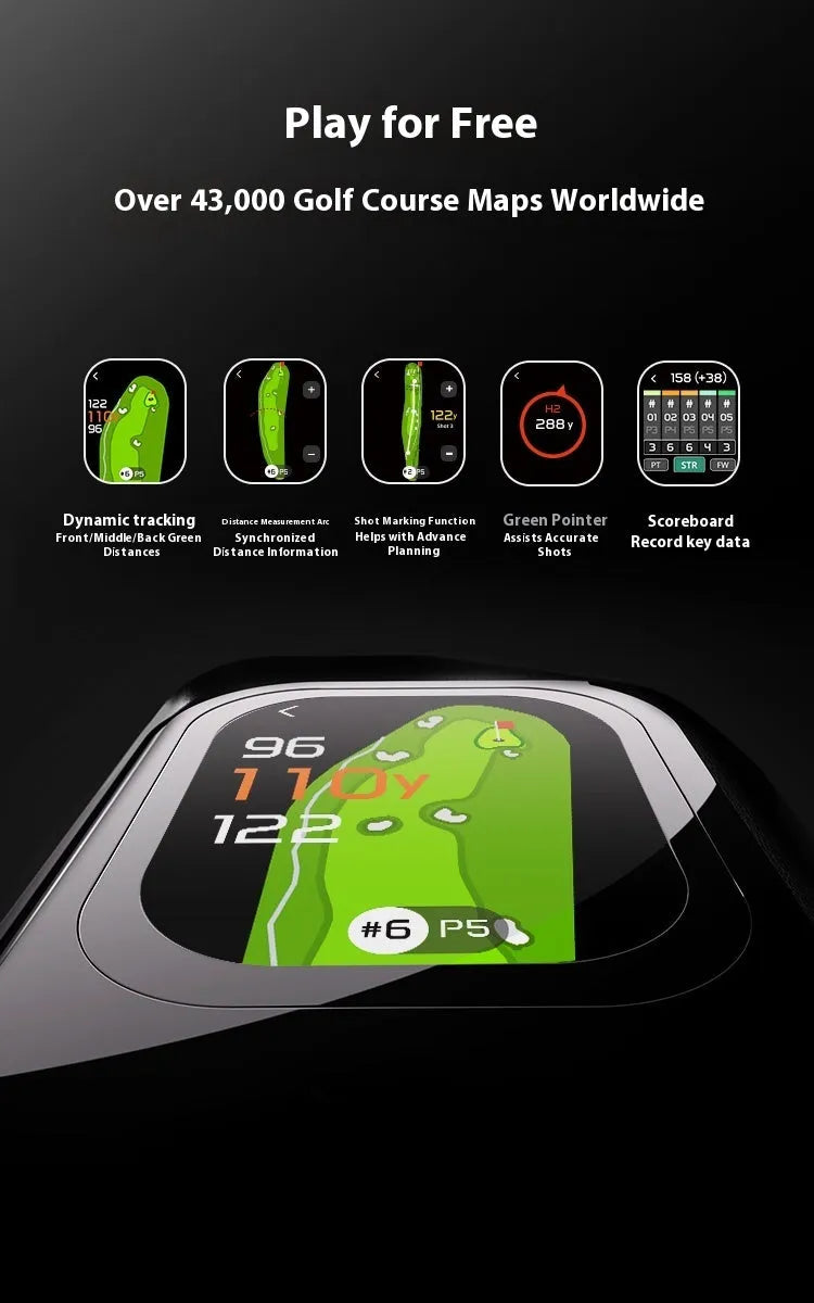 Black GenePro G1 golf laser rangefinder with AMOLED touch screen showing distance measurement.