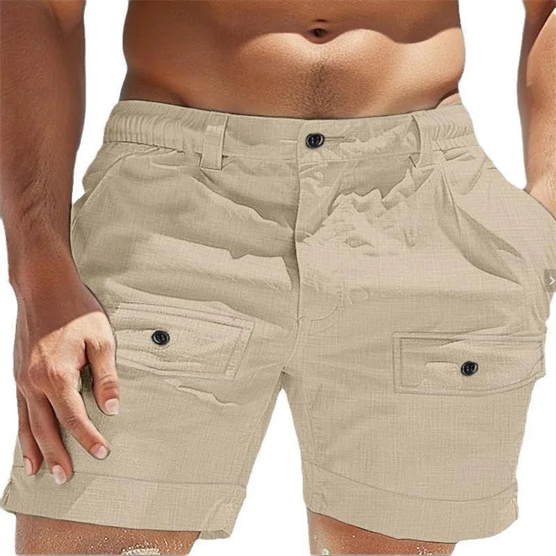 Men's khaki linen shorts with elastic waistband and button pockets on a mannequin.