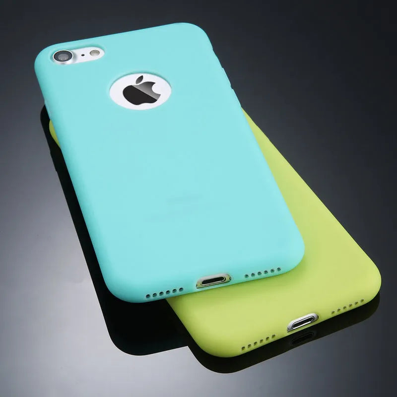 Soft plain silicon TPU phone case for iPhone in candy colours: blue, pink, red, green, black, navy blue.