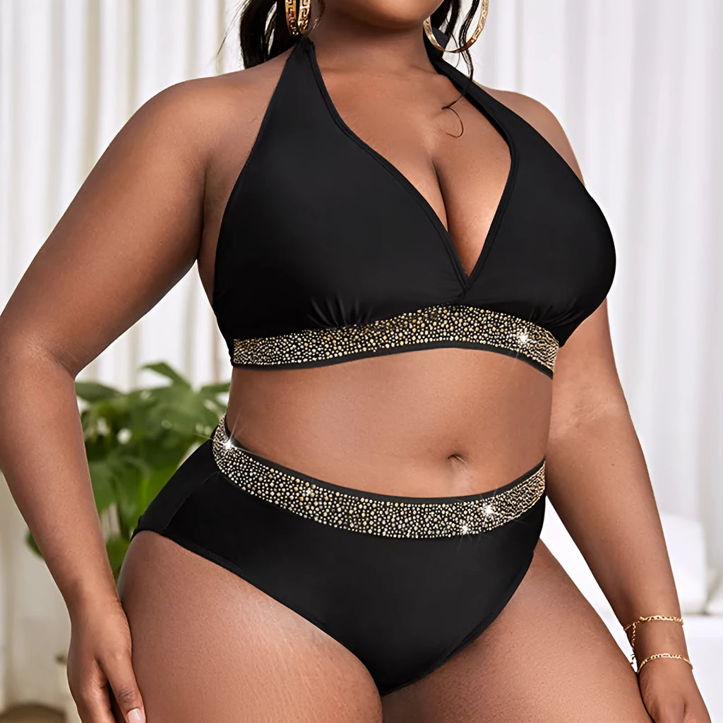 Black plus size women's swimsuit bikini with bra top and shorts for swimming