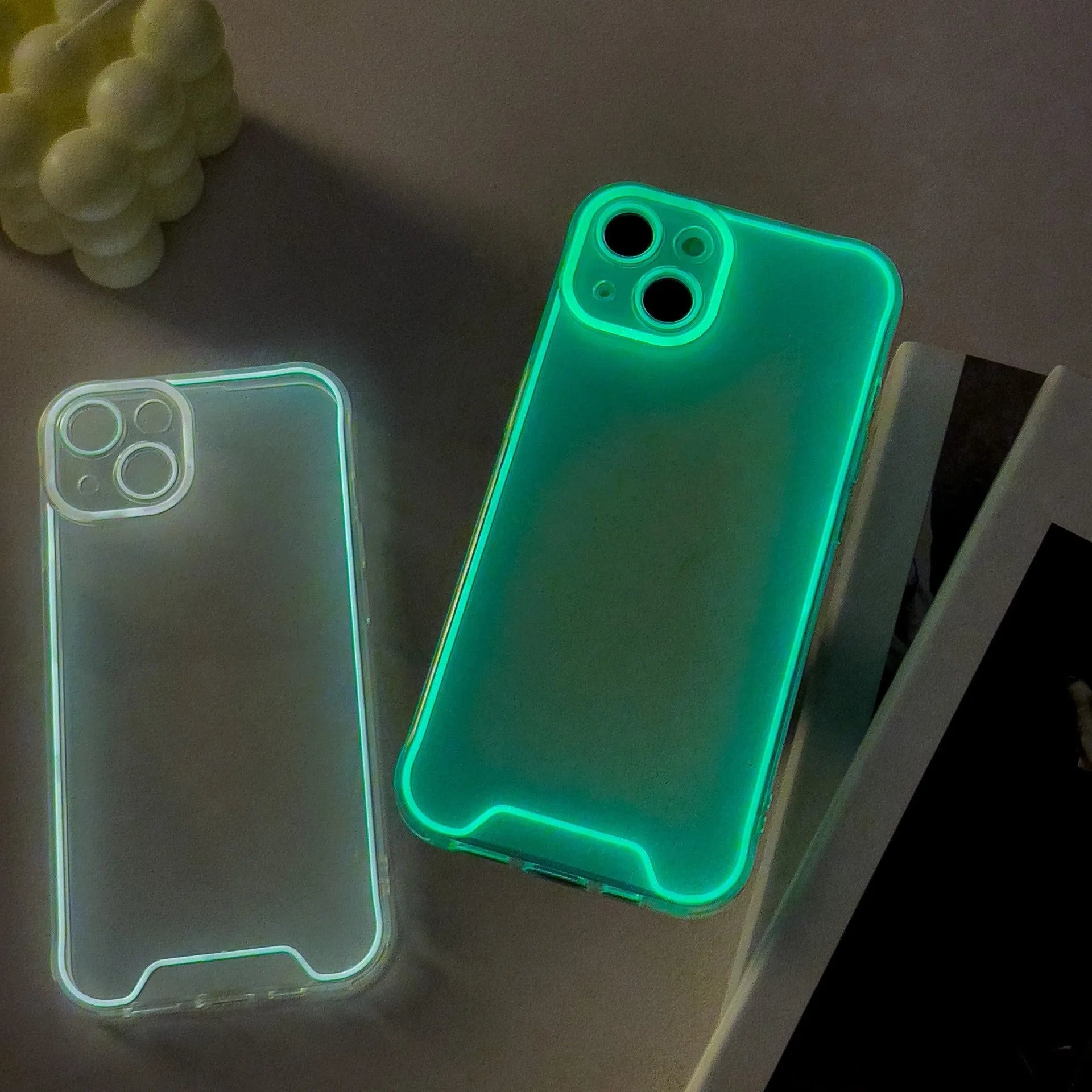Glow in the dark green soft shell TPU iPhone case for Christmas on an iPhone 14