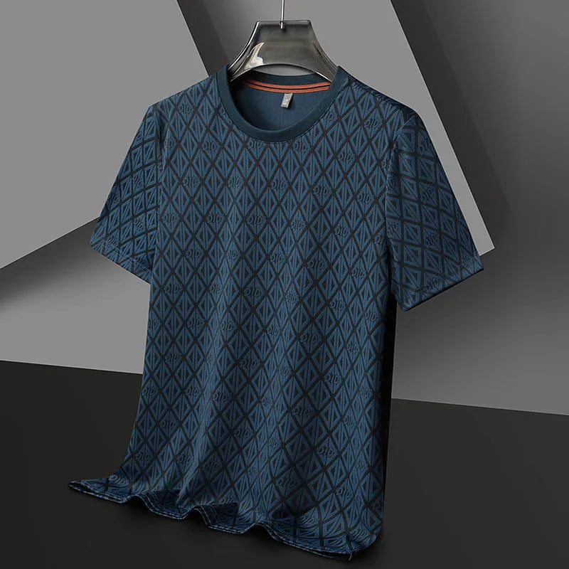 Man wearing a loose-fit solid colour ice silk short sleeve t-shirt with a round neck.