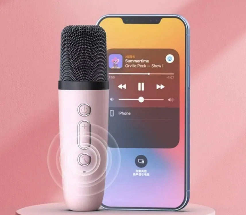 Portable Bluetooth karaoke speaker with microphone in pink, sky blue or white colours