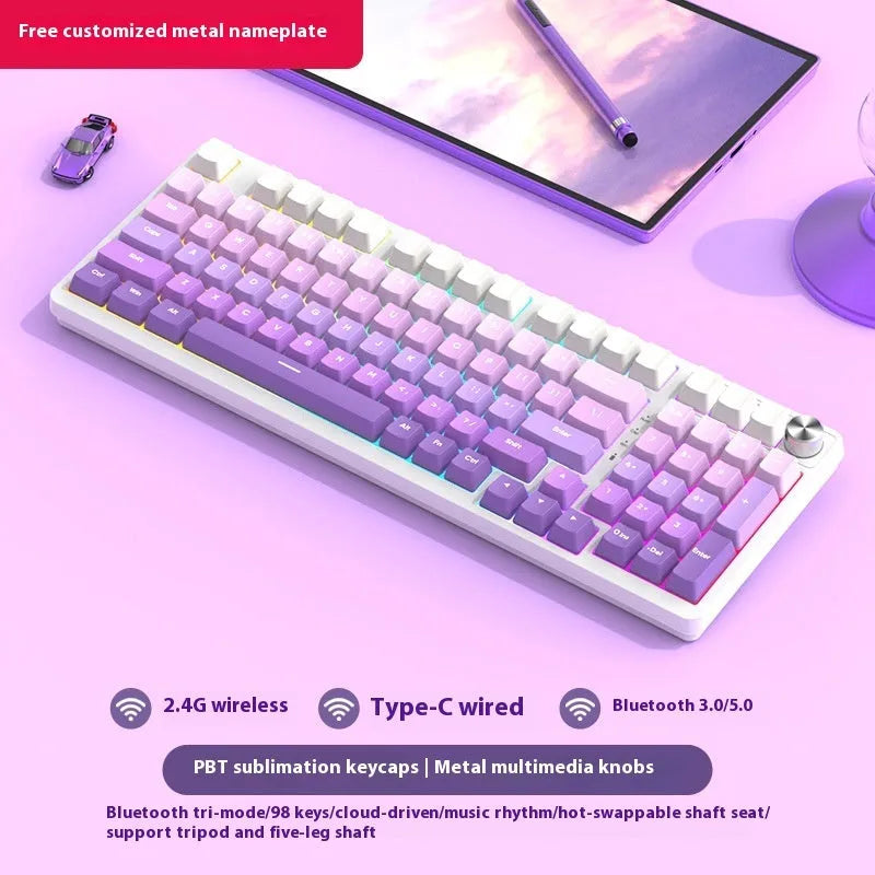 White screen version 98-key wireless mechanical keyboard kit with metal knob on desk