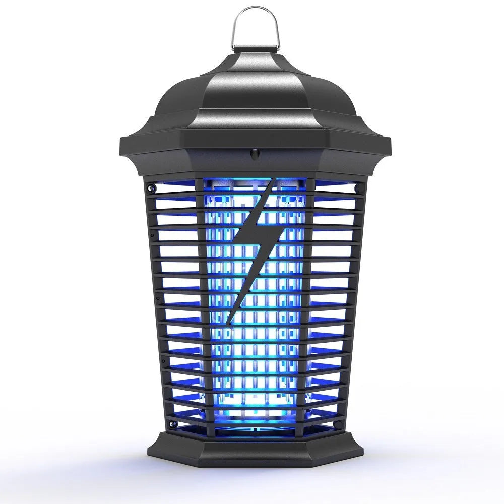 Black outdoor UV mosquito catcher lamp with electric grid and ABS mesh cover.