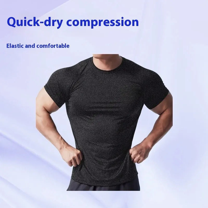 Men's stretch quick-dry running T-shirt in polyester blend available in black, grey, green and pink colours