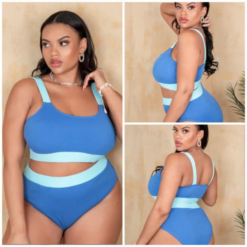 Women's solid colour bikini set with high-waist briefs and a split-leg swimsuit top.